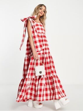 Sister Jane Red and White Gingham Tie-Shoulder Maxi Dress